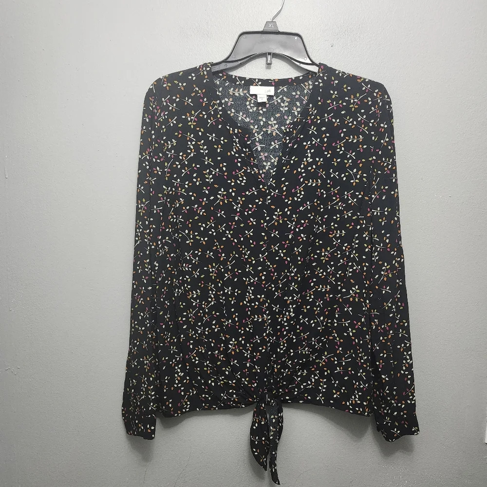 J.jill women's blouse top size M floral black front tie long sleeve